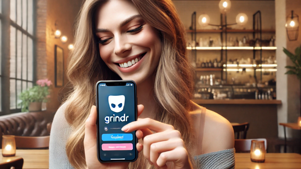 Explore Grindr’s impact on LGBTQ dating and social life with this image of a transgender woman using the app in a cafe.