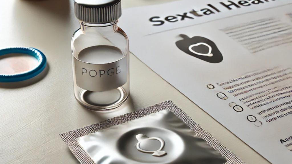 A small bottle resembling poppers placed on a table alongside educational materials about sexual health, including a pamphlet and a condom package.