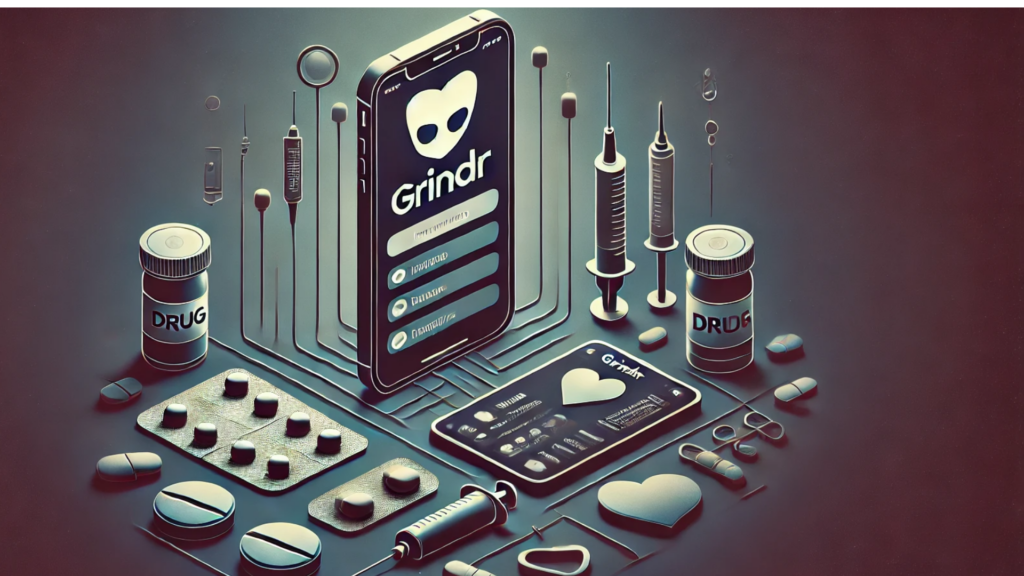 An illustration of Grindr and drug use, featuring a smartphone displaying the Grindr app interface on one side, with subtle symbols of pills and syringes