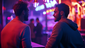 Discover the importance of safe spaces in nightlife through this image of two gay men having a meaningful conversation in a nightclub.