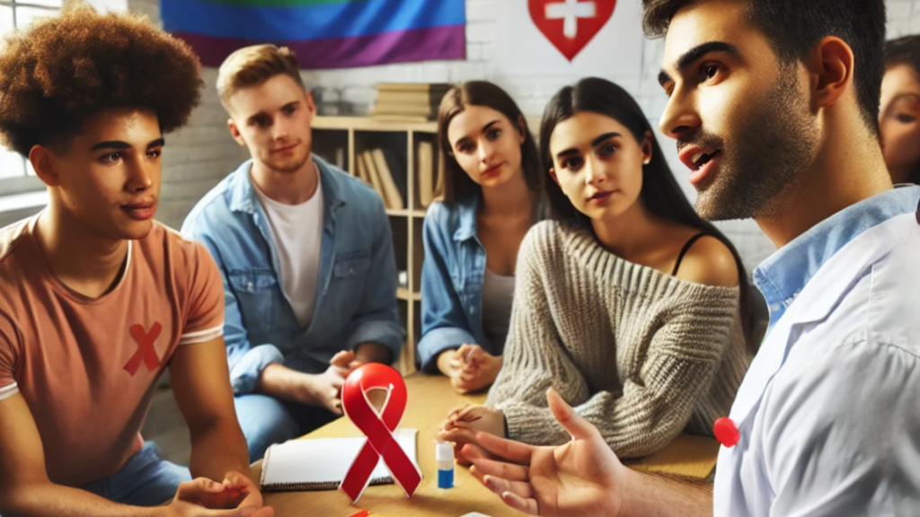 A diverse group of LGBTQ+ youth in a classroom, attentively engaging in a discussion on how inclusive education helps prevent HIV among them.