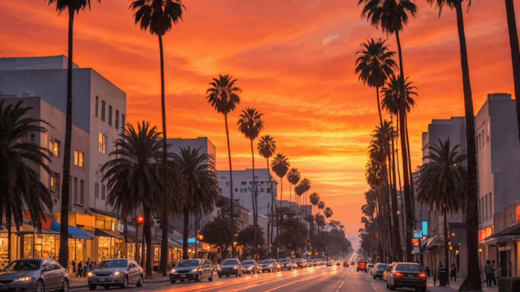 A vibrant street at sunset with palm trees in Los Angeles, California.