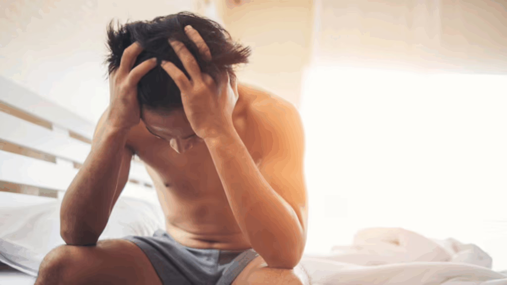 An image of an emotionally distressed gay person sitting on a bed.