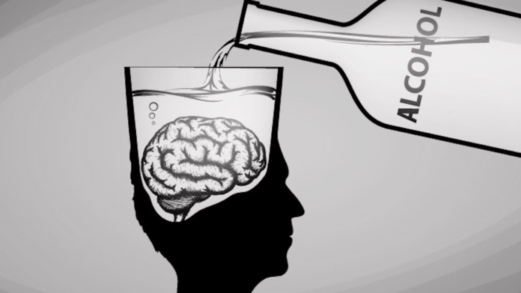 Illustration showing how alcohol affects the brain by pouring into a human head.