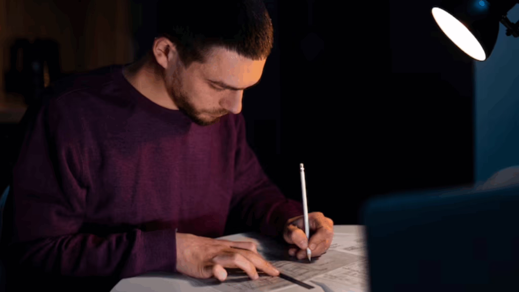 A gay person studying in a table with a lit lamp.