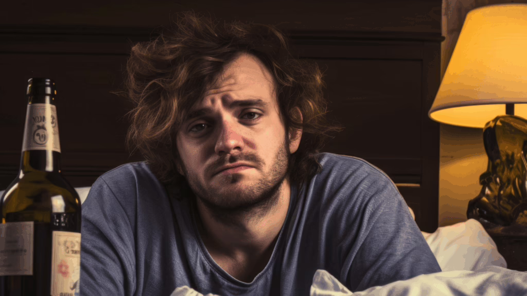 An image of a disheveled gay person addicted to alcohol.