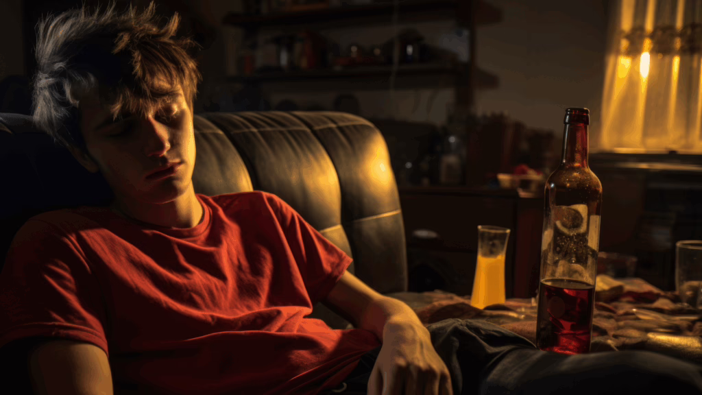 A young alcoholic gay person slumped on a couch.